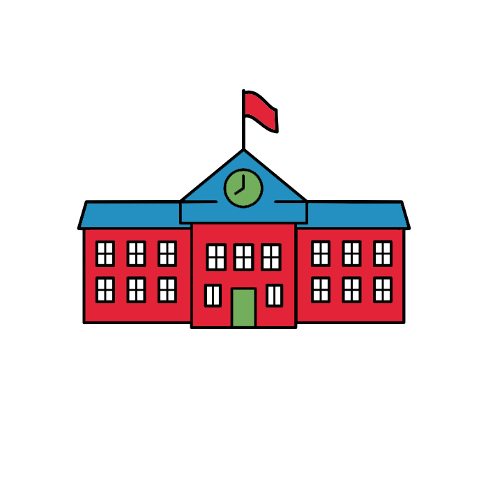 red school with blue roof thats 2 storys tall